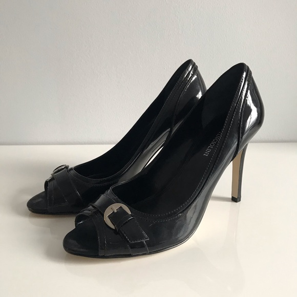 Enzo Angiolini Eamurray Patent Leather Silver Buckle Black Open Toe Pumps Shoes - Picture 8 of 16